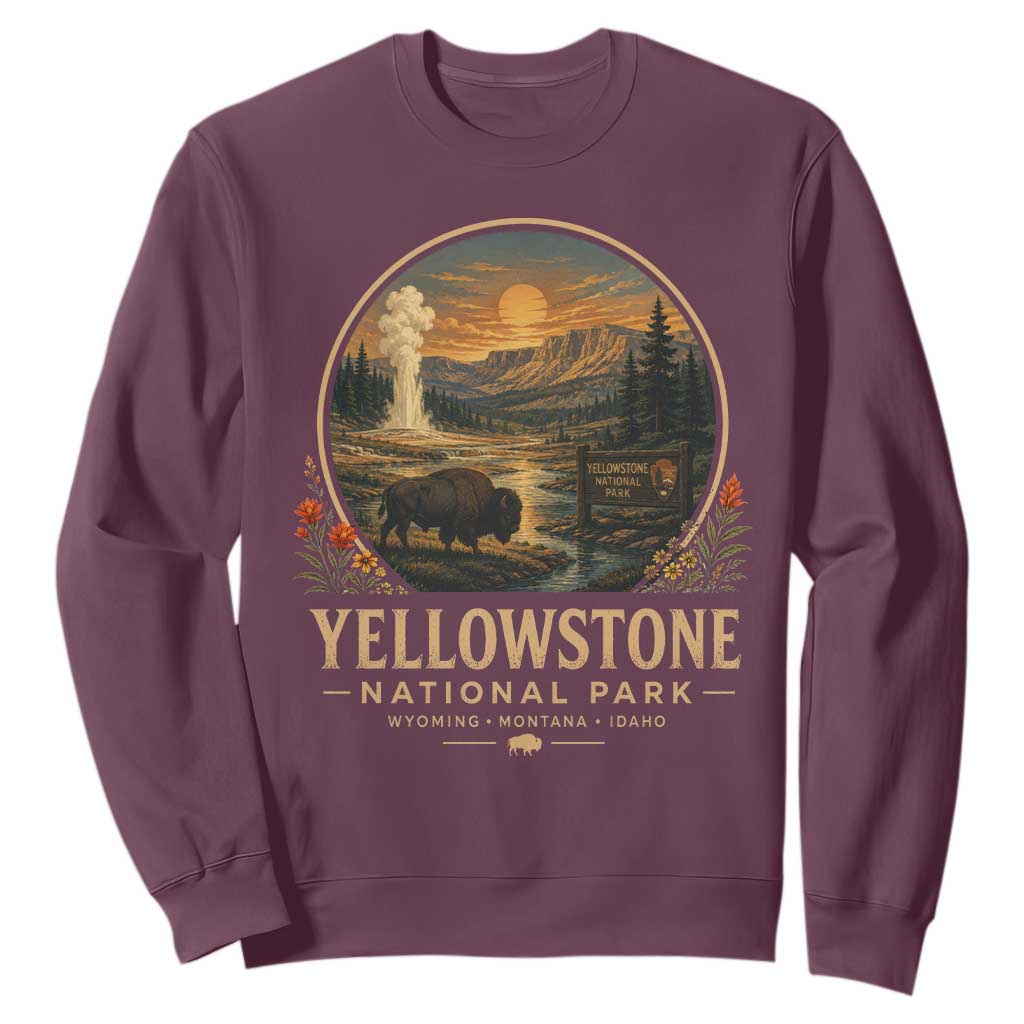 Vintage Yellowstone National Park Vintage Bison Geyser Sweatshirt Wyoming Montana Idaho Hiking Camping