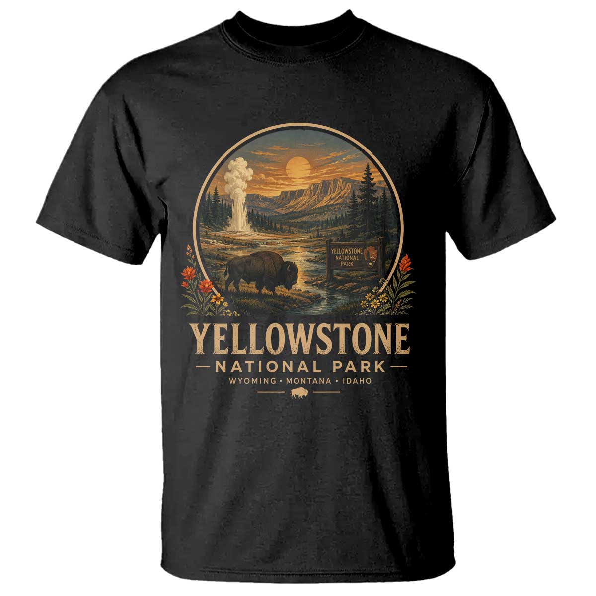 Vintage Yellowstone National Park Vintage Bison Geyser T Shirt Wyoming Montana Idaho Hiking Camping TS10 Black Print Your Wear