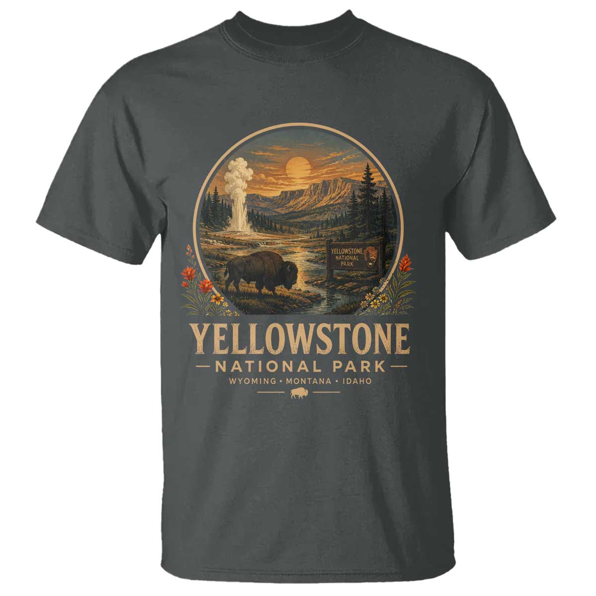 Vintage Yellowstone National Park Vintage Bison Geyser T Shirt Wyoming Montana Idaho Hiking Camping TS10 Dark Heather Print Your Wear