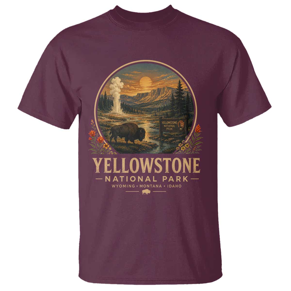Vintage Yellowstone National Park Vintage Bison Geyser T Shirt Wyoming Montana Idaho Hiking Camping TS10 Maroon Print Your Wear