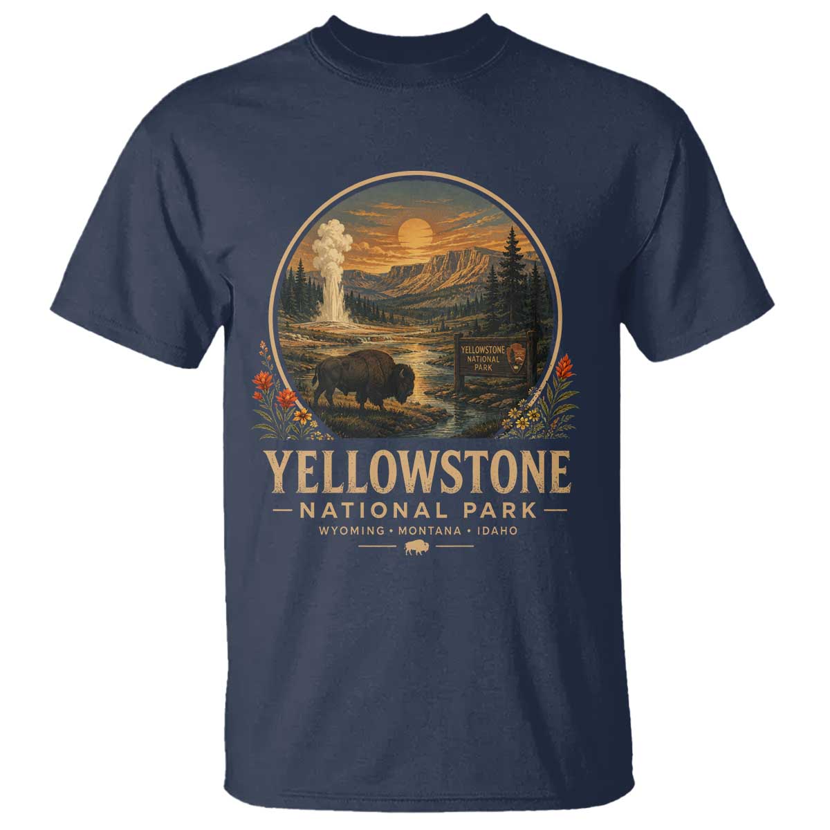 Vintage Yellowstone National Park Vintage Bison Geyser T Shirt Wyoming Montana Idaho Hiking Camping TS10 Navy Print Your Wear