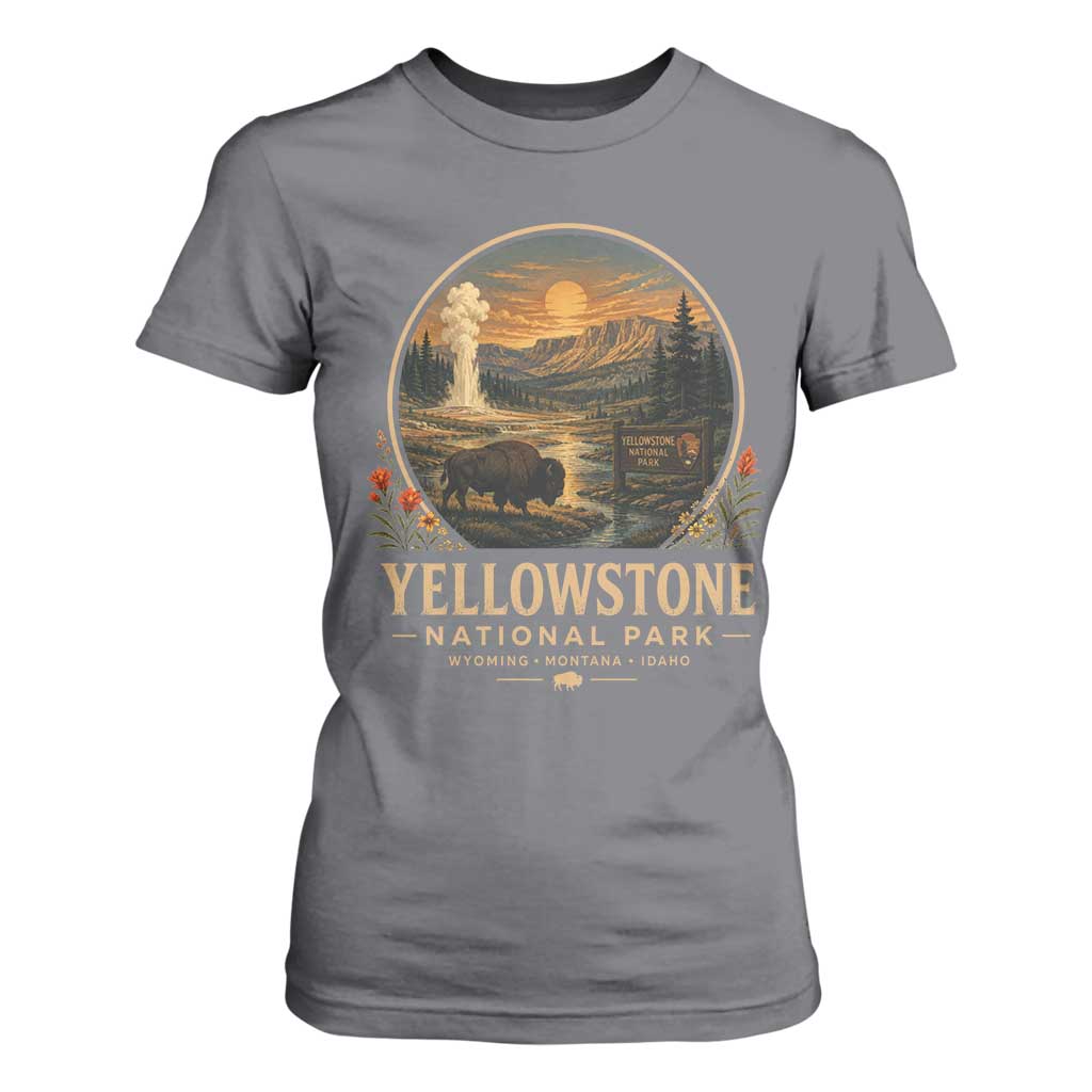 Vintage Yellowstone National Park Vintage Bison Geyser T Shirt For Women Wyoming Montana Idaho Hiking Camping