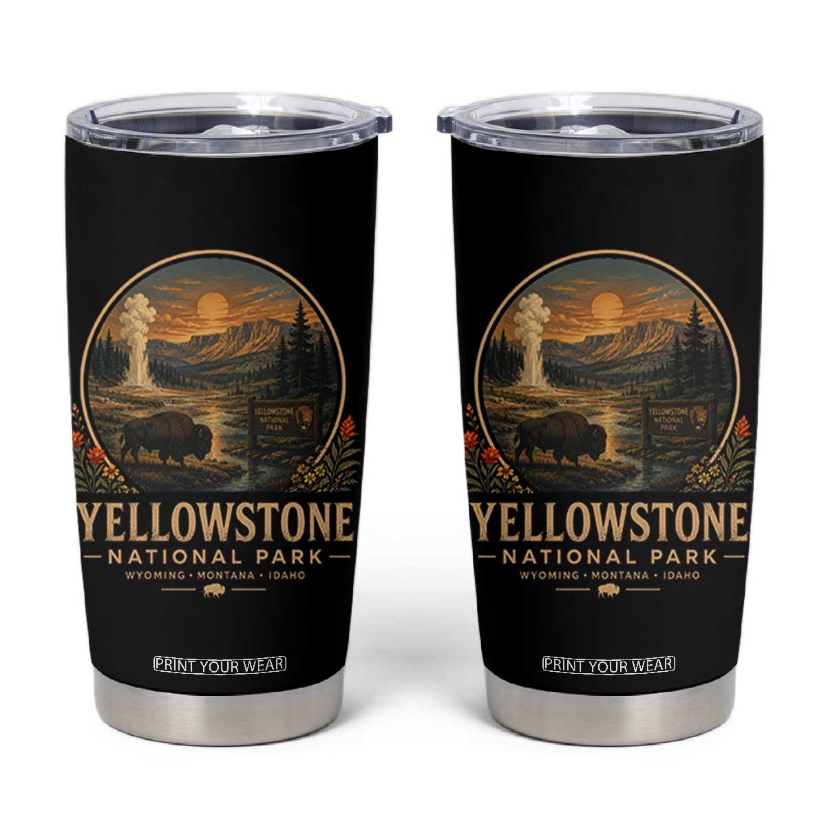 Vintage Yellowstone National Park Vintage Bison Geyser Tumbler Cup Wyoming Montana Idaho Hiking Camping TS10 Black Print Your Wear
