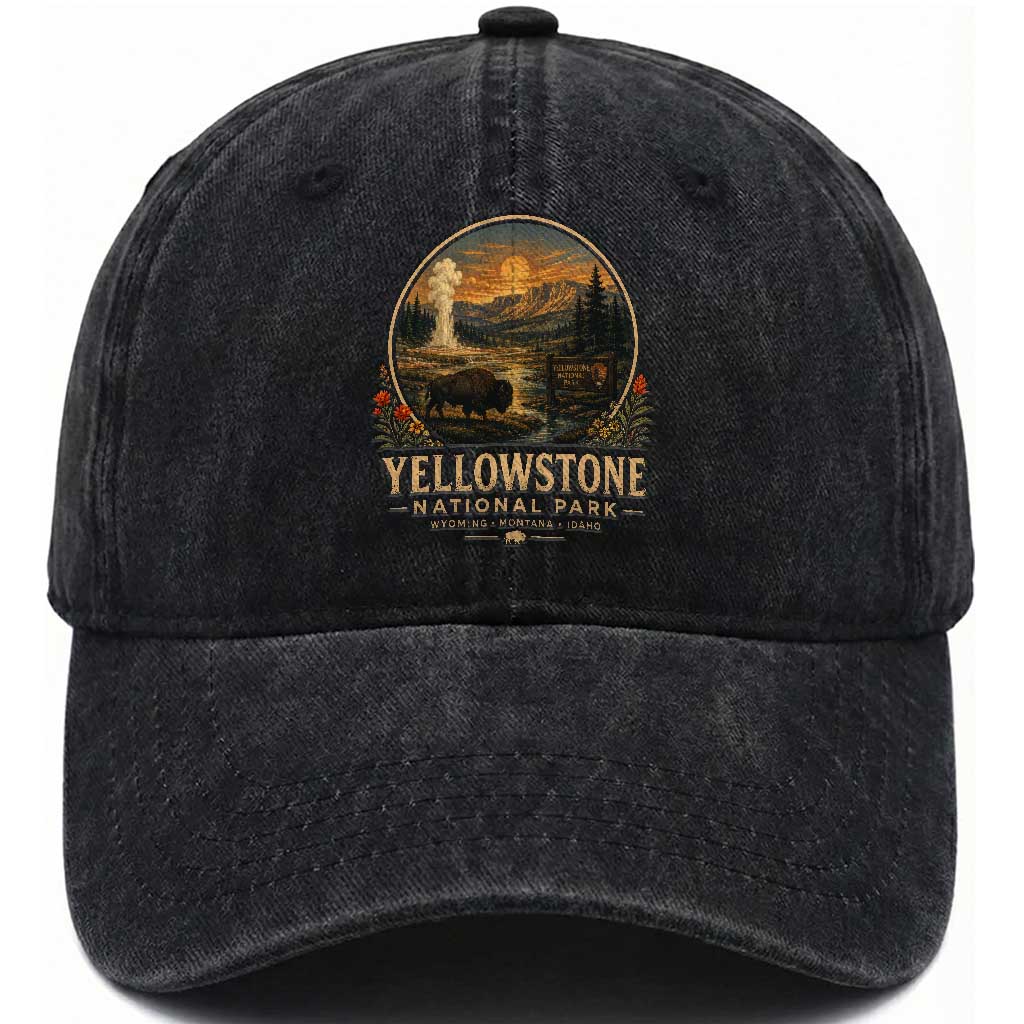 Vintage Yellowstone National Park Vintage Bison Geyser Washed Cotton Baseball Cap Wyoming Montana Idaho Hiking Camping TS10 Print Your Wear