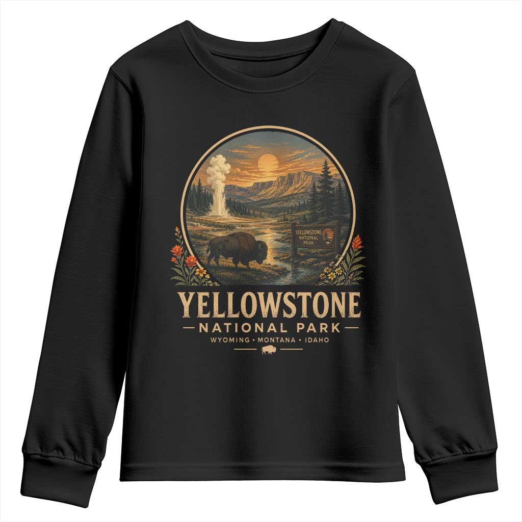 Vintage Yellowstone National Park Vintage Bison Geyser Youth Sweatshirt Wyoming Montana Idaho Hiking Camping TS10 Black Print Your Wear
