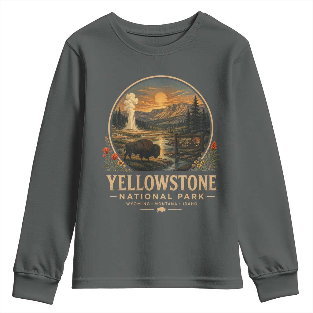 Vintage Yellowstone National Park Vintage Bison Geyser Youth Sweatshirt Wyoming Montana Idaho Hiking Camping