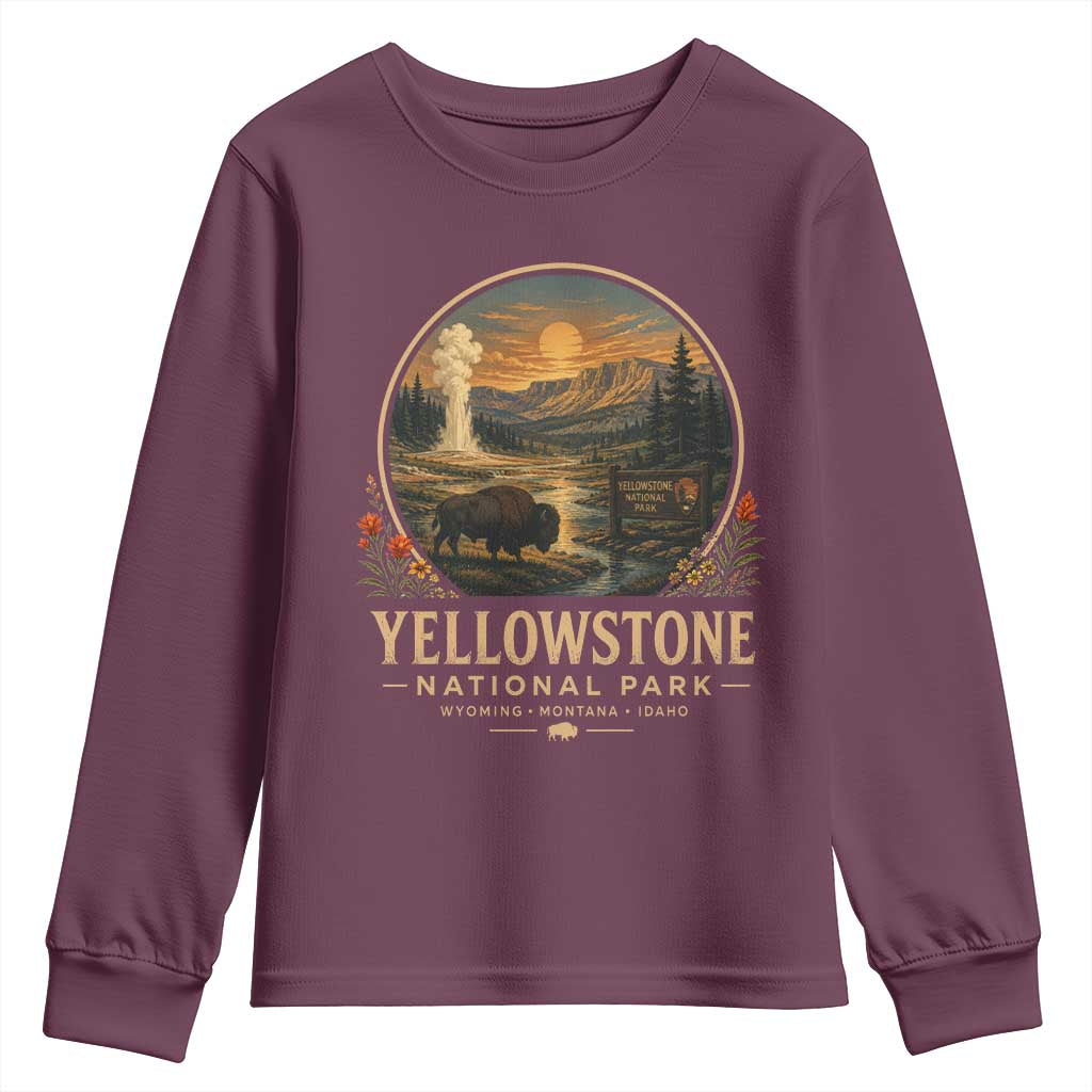 Vintage Yellowstone National Park Vintage Bison Geyser Youth Sweatshirt Wyoming Montana Idaho Hiking Camping