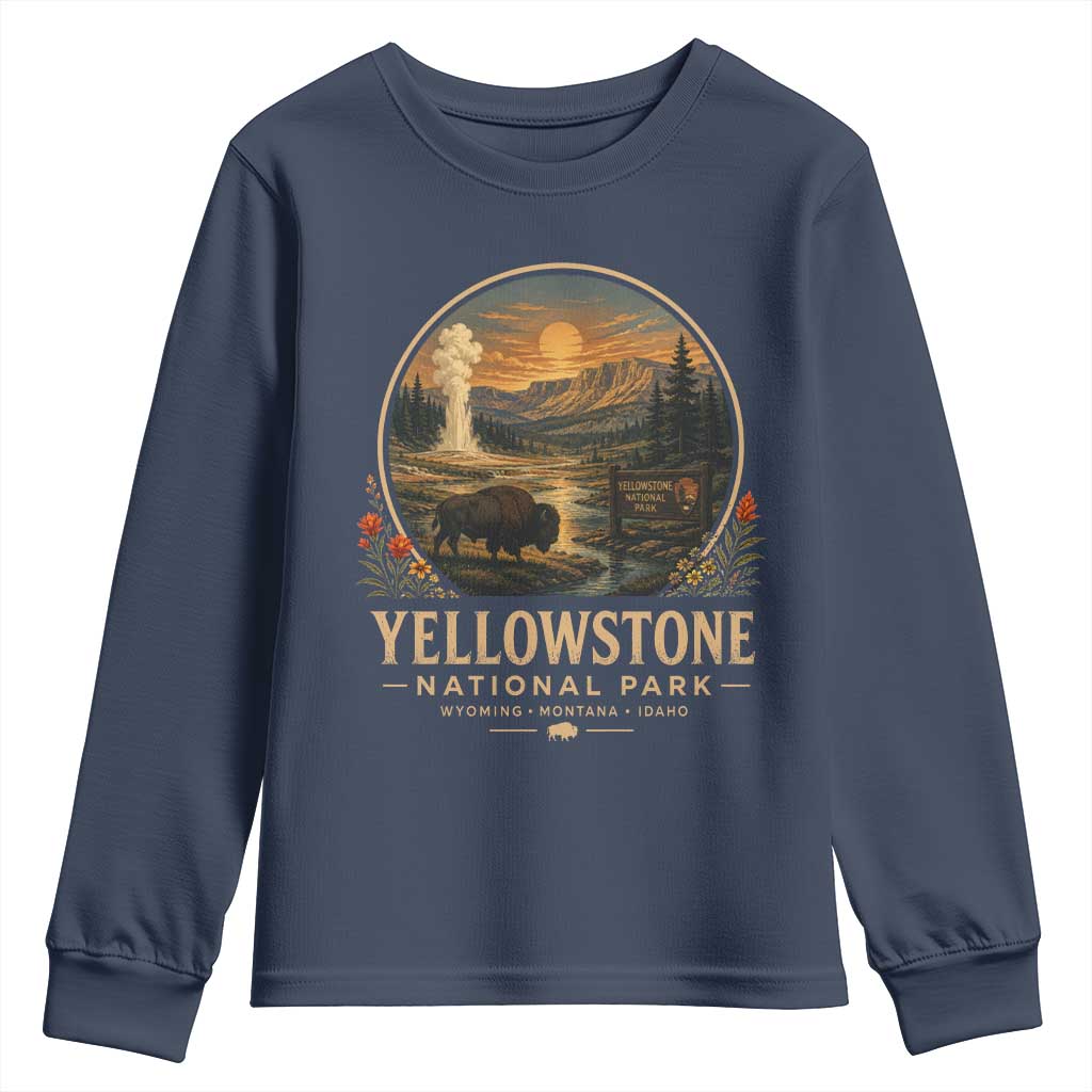 Vintage Yellowstone National Park Vintage Bison Geyser Youth Sweatshirt Wyoming Montana Idaho Hiking Camping