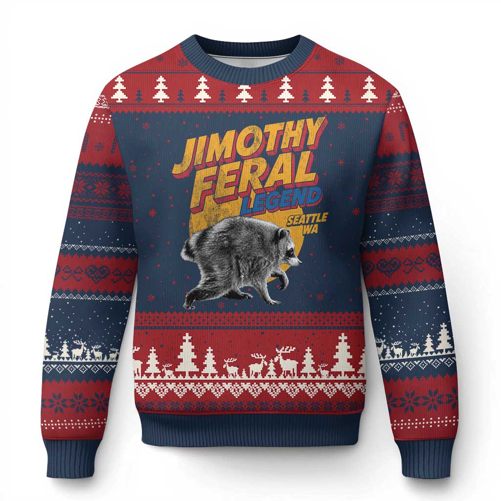 Vintage Jimothy Raccoon Ugly Christmas Sweater Feral Legend Seattle WA Trash Panda Meme TS10 Navy Red Print Your Wear
