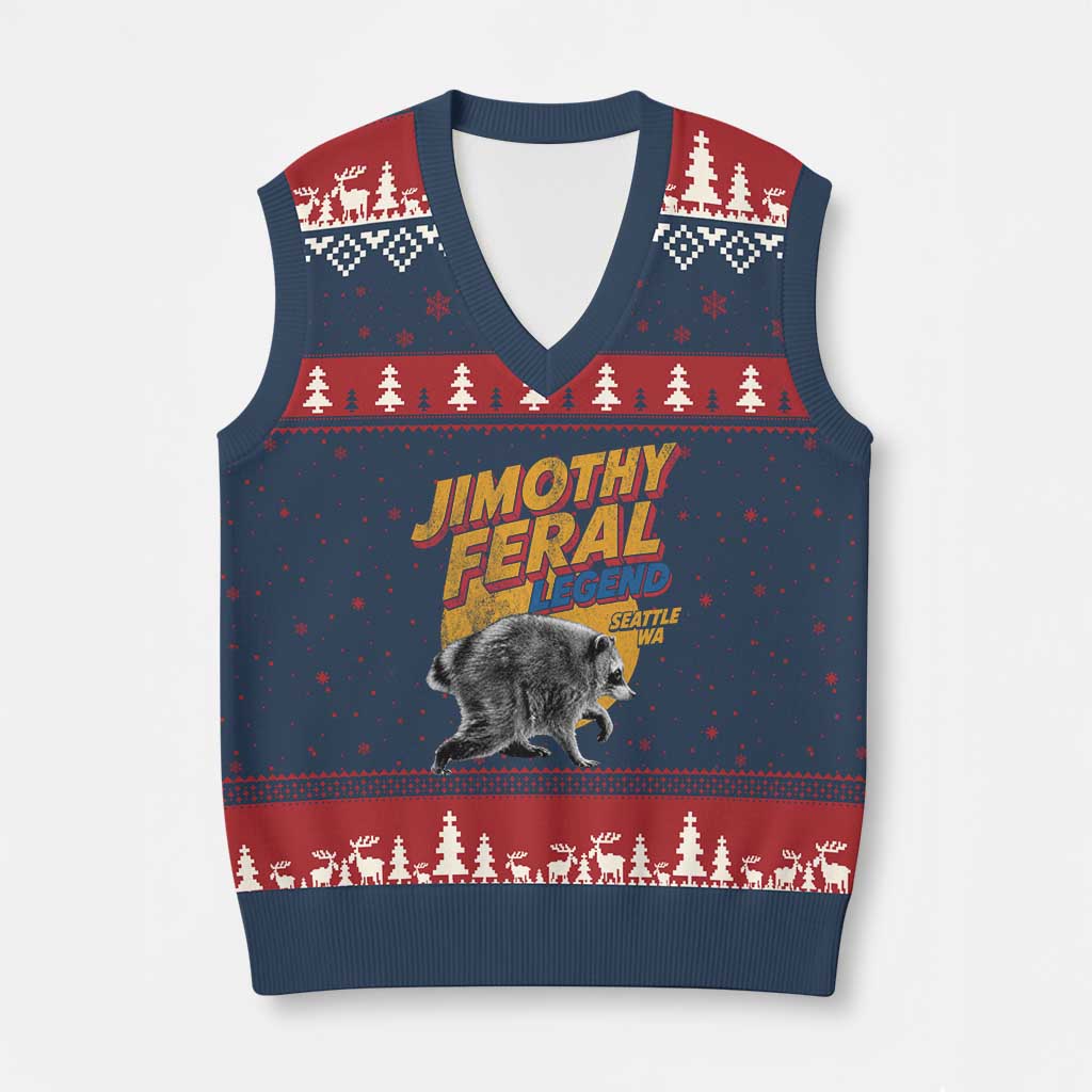 Vintage Jimothy Raccoon V-Neck Knit Sweater Vest Feral Legend Seattle WA Trash Panda Meme TS10 Navy Red Print Your Wear