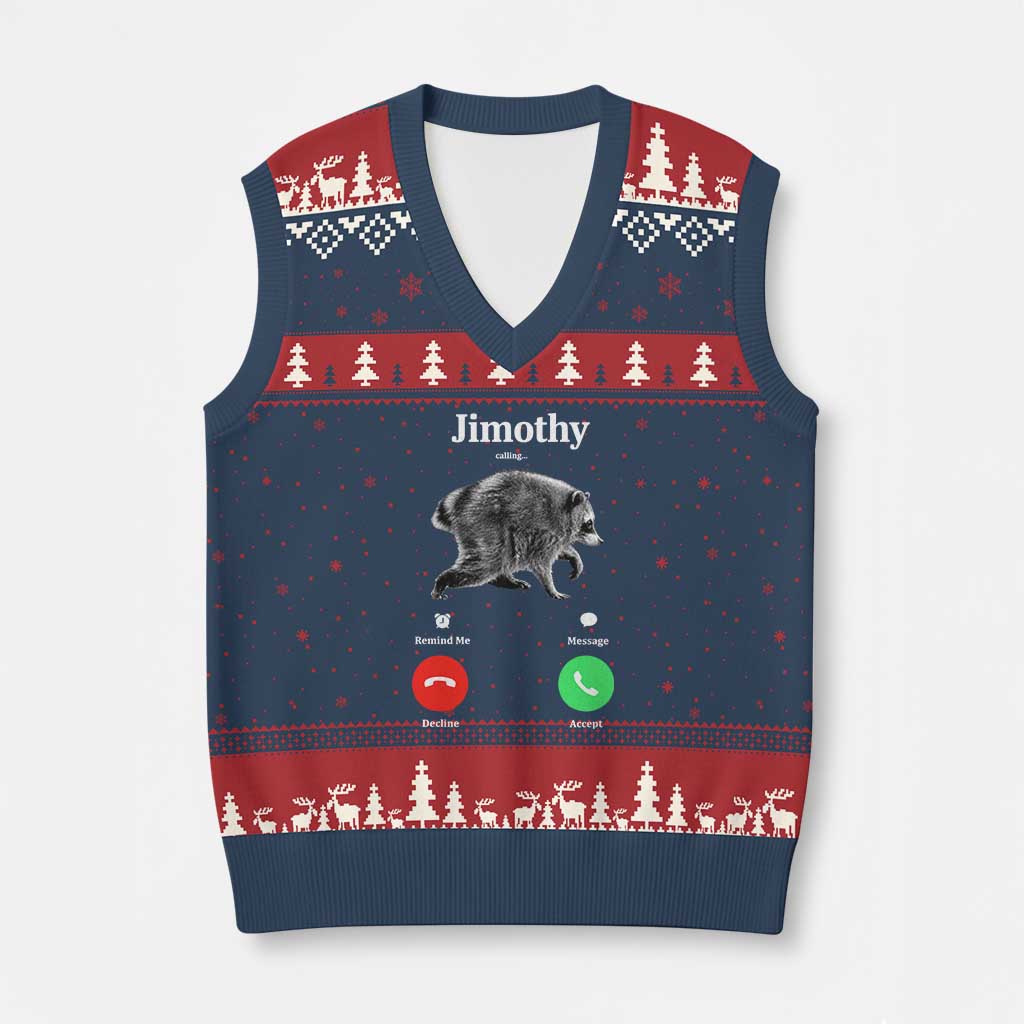 Jimothy Calling Phone Call Seattle Raccoon V-Neck Knit Sweater Vest TS10 Navy Red Print Your Wear