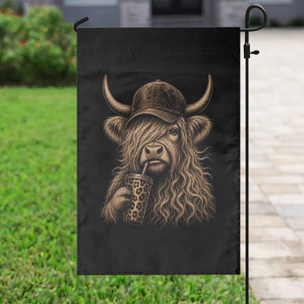 Highland Cow Funny Cute Coffee Lover Graphic Garden Flag
