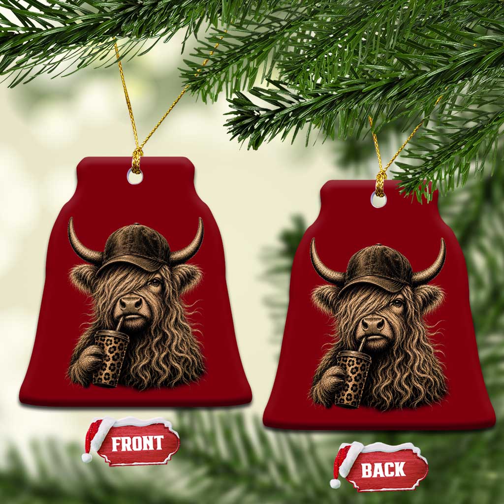 Highland Cow Funny Cute Coffee Lover Graphic Ceramic Ornament