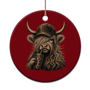 Highland Cow Funny Cute Coffee Lover Graphic Ceramic Ornament