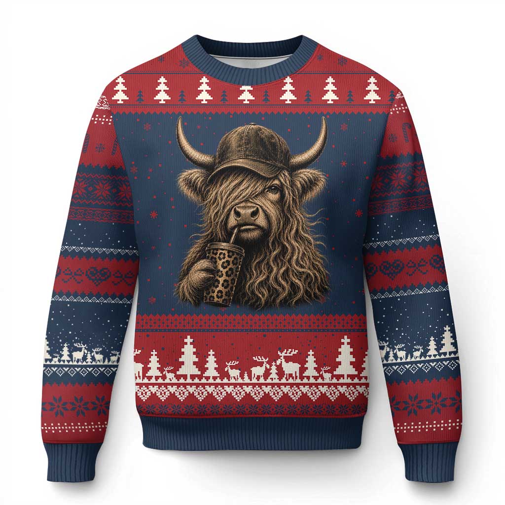 Highland Cow Funny Cute Coffee Lover Graphic Ugly Christmas Sweater TS10 Navy Red Print Your Wear
