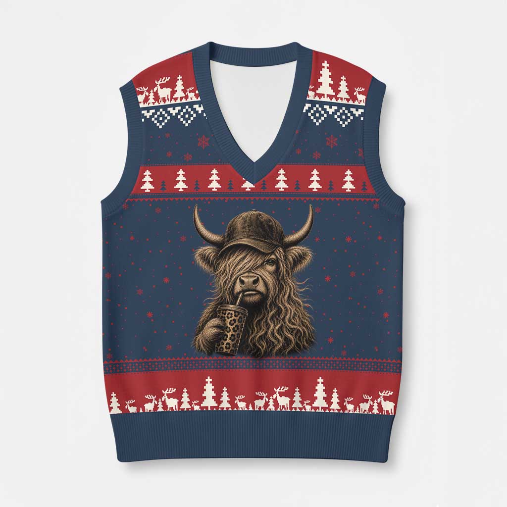 Highland Cow Funny Cute Coffee Lover Graphic V-Neck Knit Sweater Vest TS10 Navy Red Print Your Wear