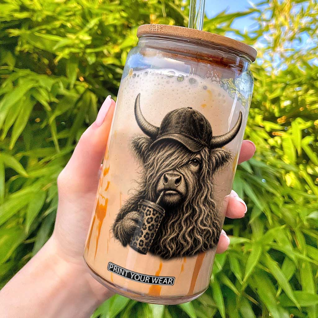 Highland Cow Funny Cute Coffee Lover Graphic Glass Can TS10 Black Print Your Wear