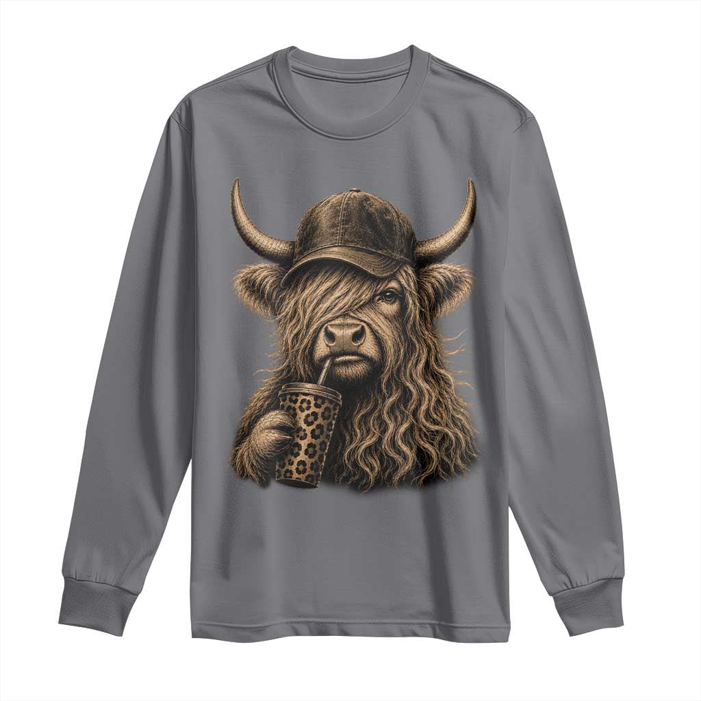 Highland Cow Funny Cute Coffee Lover Graphic Long Sleeve Shirt