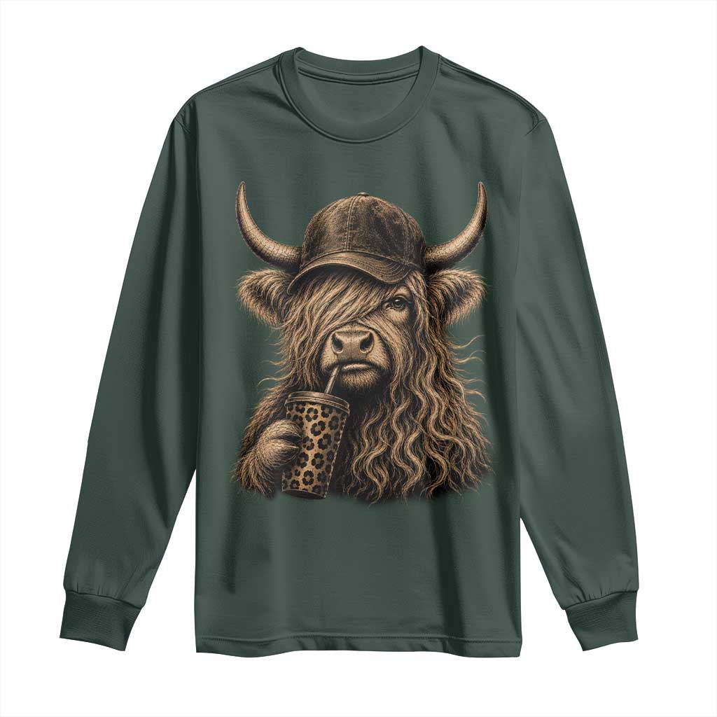 Highland Cow Funny Cute Coffee Lover Graphic Long Sleeve Shirt