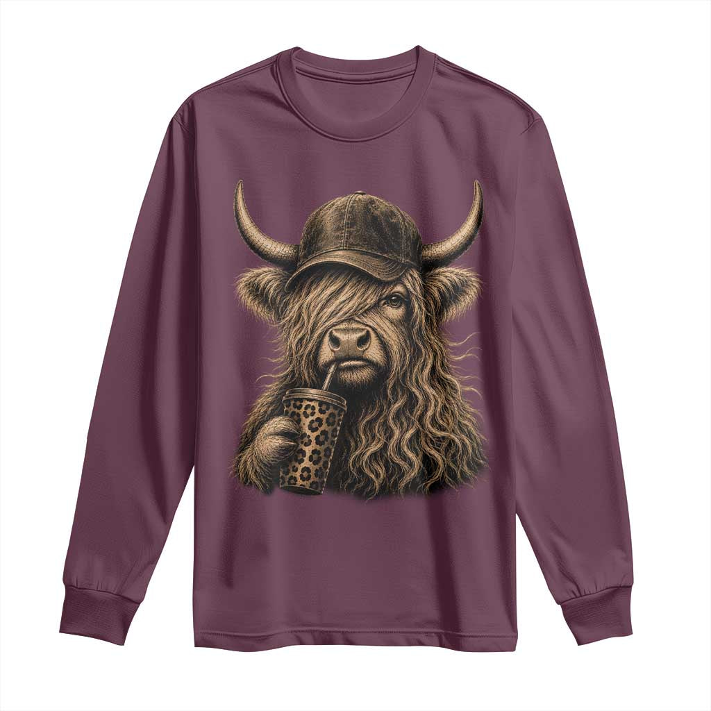 Highland Cow Funny Cute Coffee Lover Graphic Long Sleeve Shirt