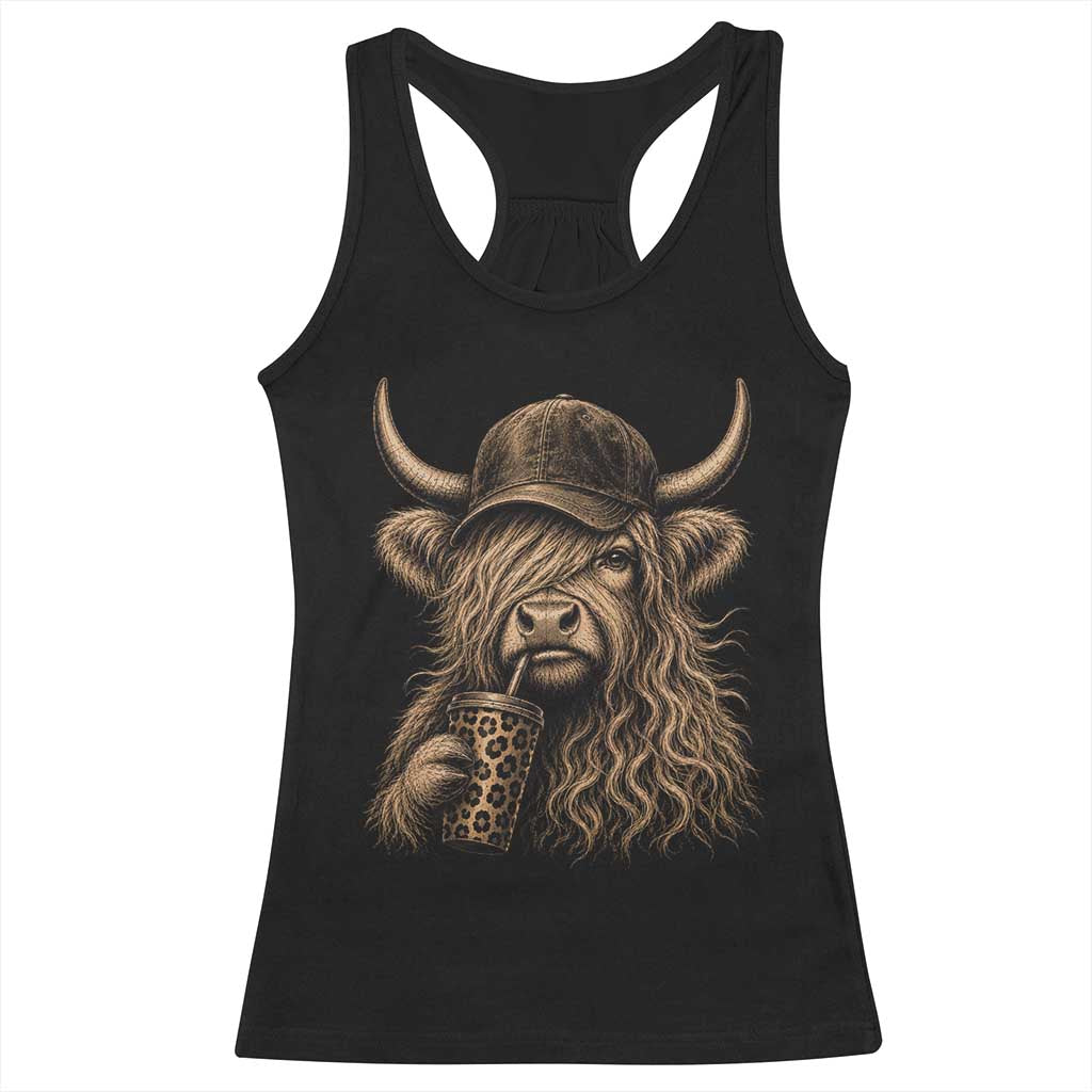 Highland Cow Funny Cute Coffee Lover Graphic Racerback Tank Top TS10 Black Print Your Wear