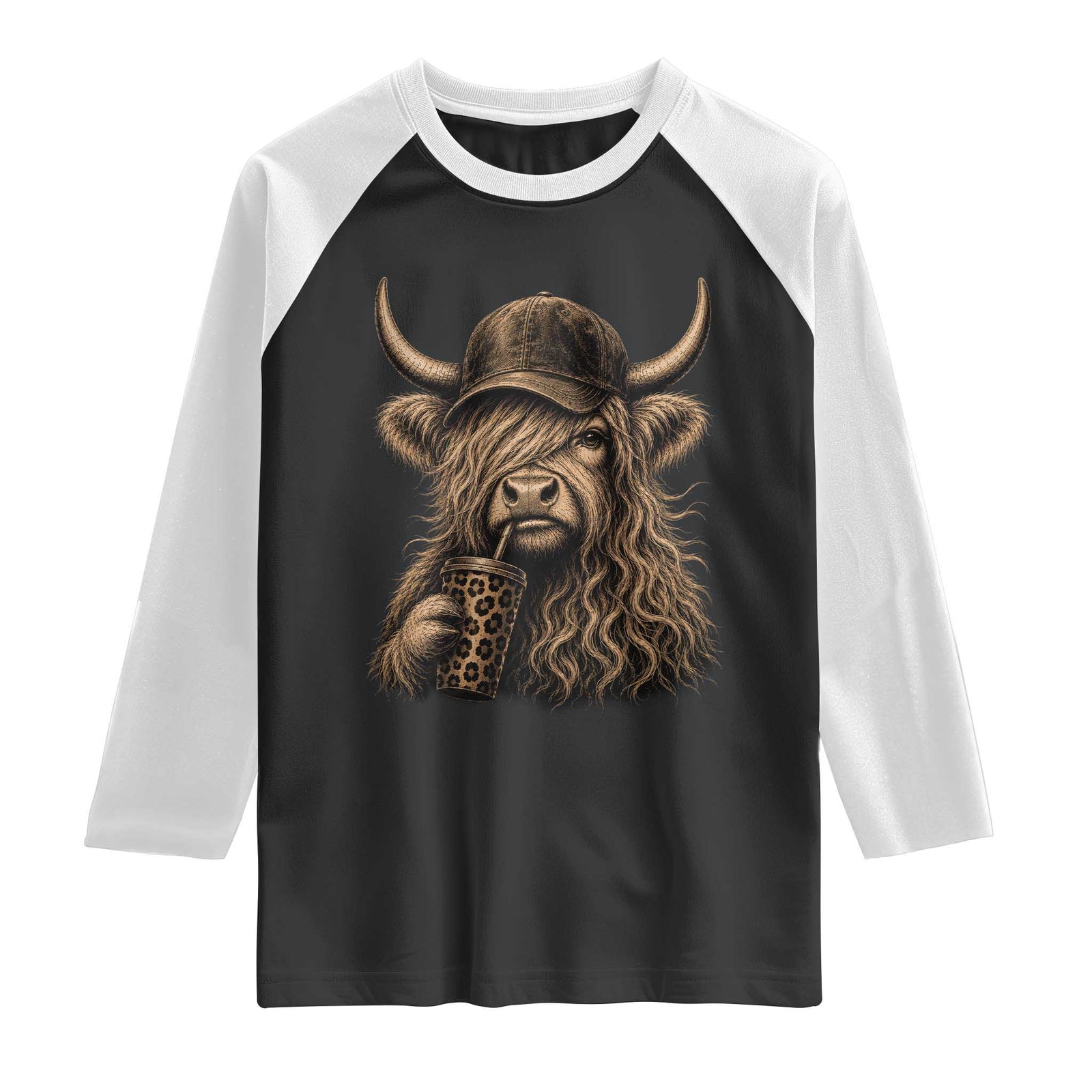 Highland Cow Funny Cute Coffee Lover Graphic Raglan Shirt TS10 Black White Print Your Wear