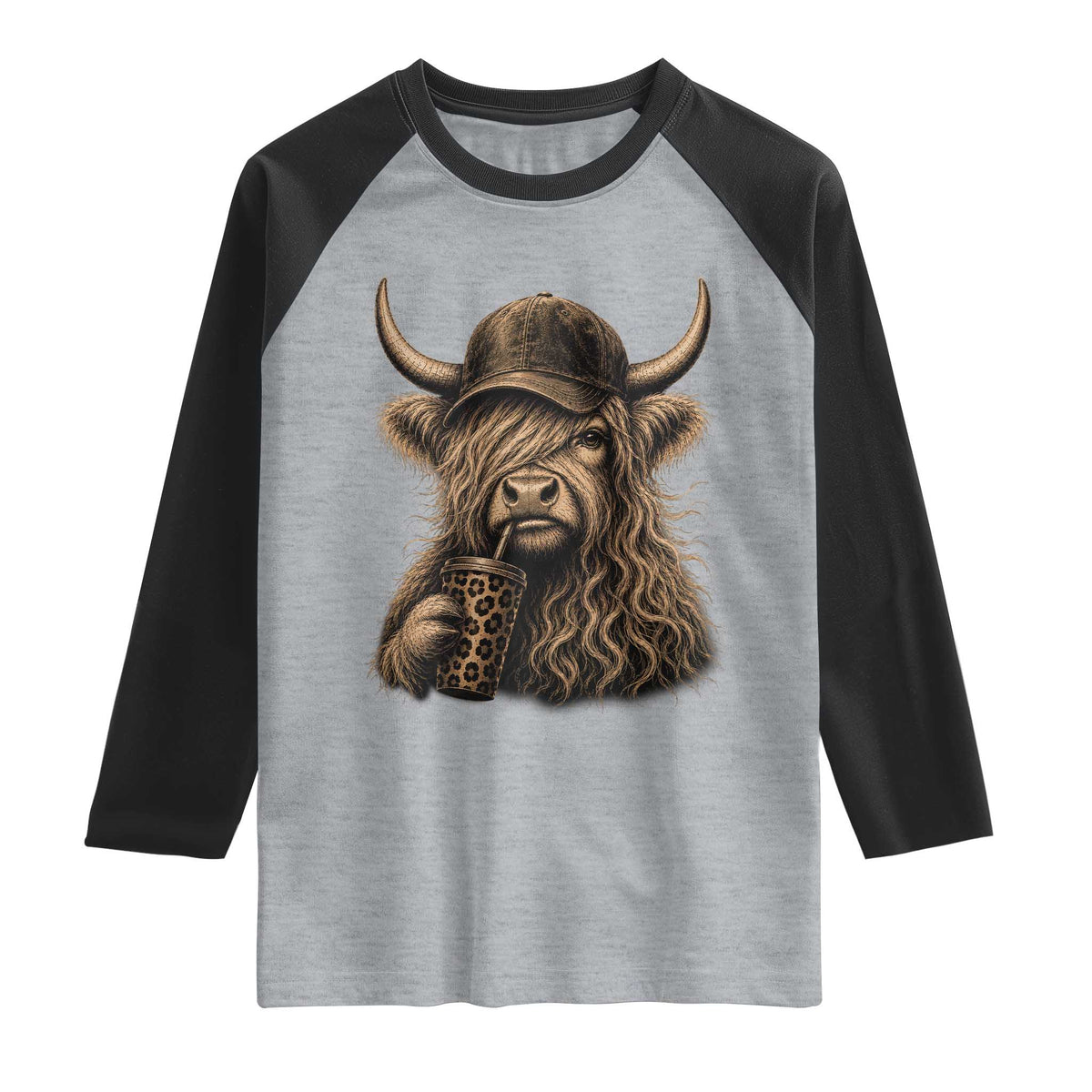 Highland Cow Funny Cute Coffee Lover Graphic Raglan Shirt