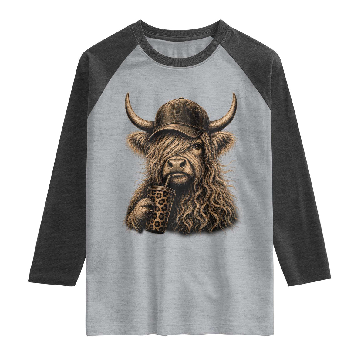 Highland Cow Funny Cute Coffee Lover Graphic Raglan Shirt