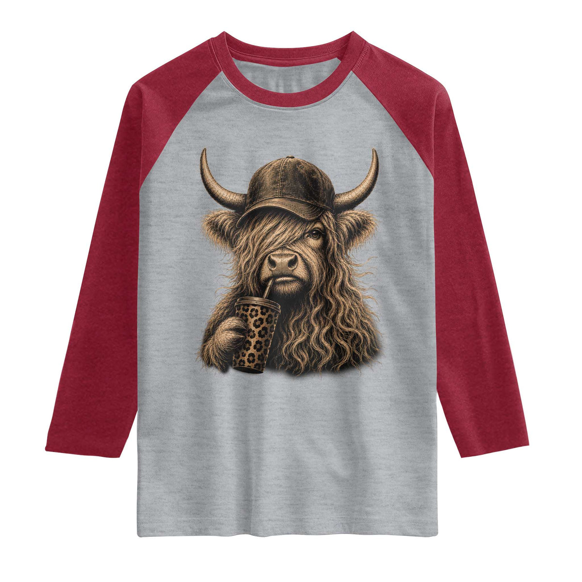 Highland Cow Funny Cute Coffee Lover Graphic Raglan Shirt