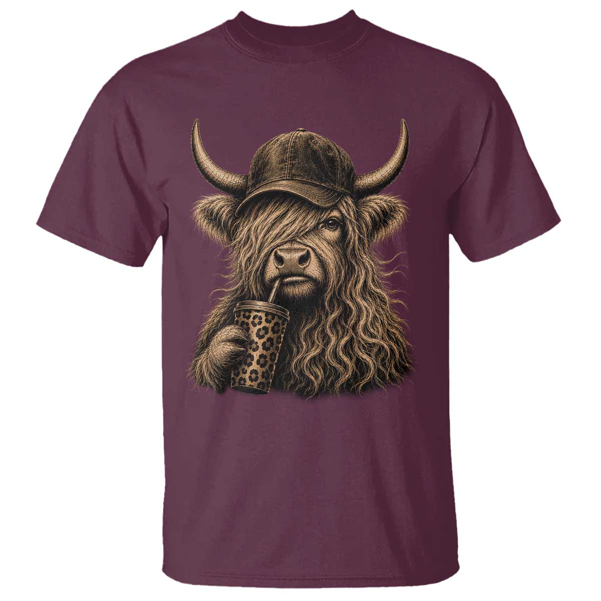 Highland Cow Funny Cute Coffee Lover Graphic T Shirt TS10 Maroon Print Your Wear
