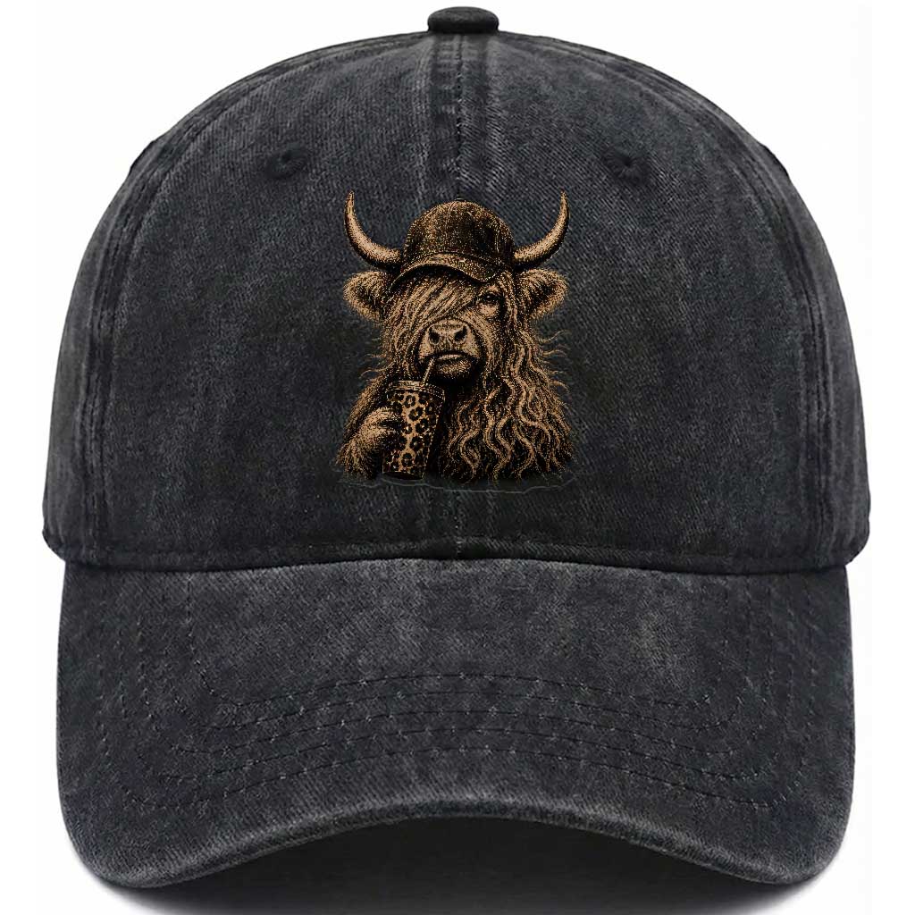 Highland Cow Funny Cute Coffee Lover Graphic Washed Cotton Baseball Cap TS10 Print Your Wear
