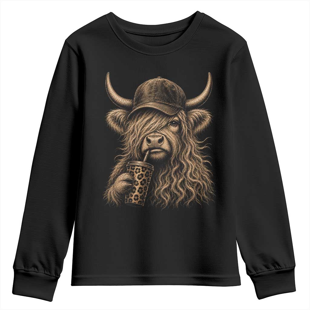 Highland Cow Funny Cute Coffee Lover Graphic Youth Sweatshirt TS10 Black Print Your Wear
