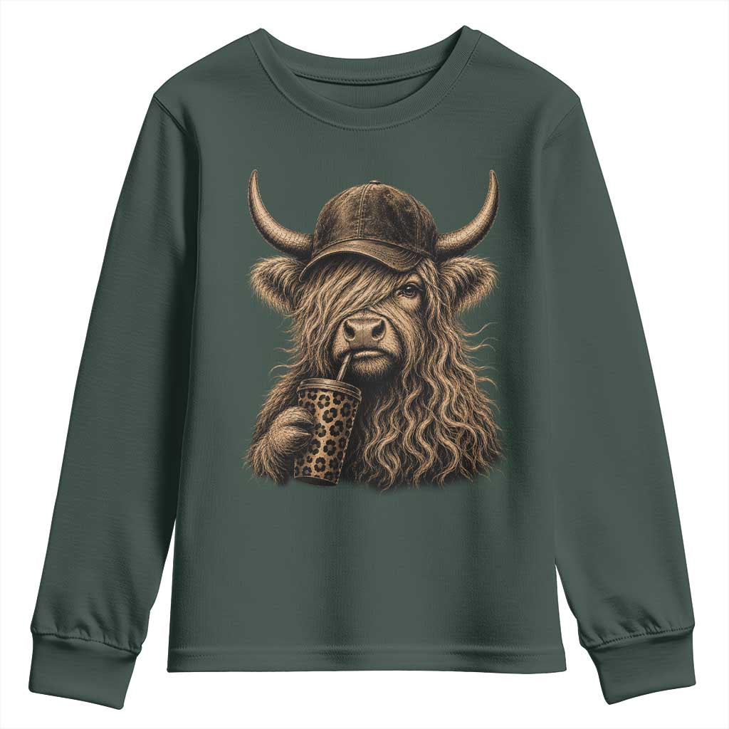 Highland Cow Funny Cute Coffee Lover Graphic Youth Sweatshirt