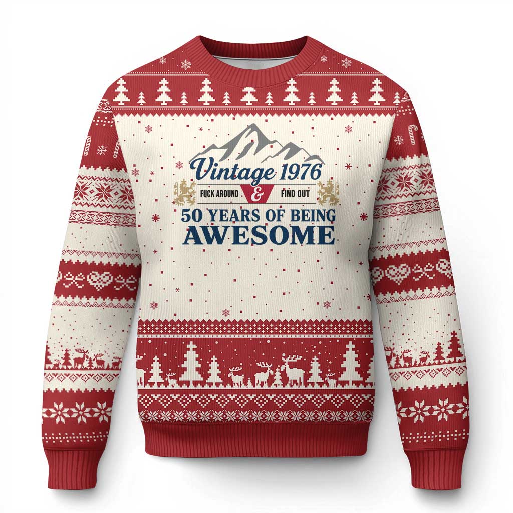 50th Birthday Ugly Christmas Sweater Vintage 1976 Fck Around And Find Out Funny 50 Year Old Gift TS10 Beige Red Print Your Wear