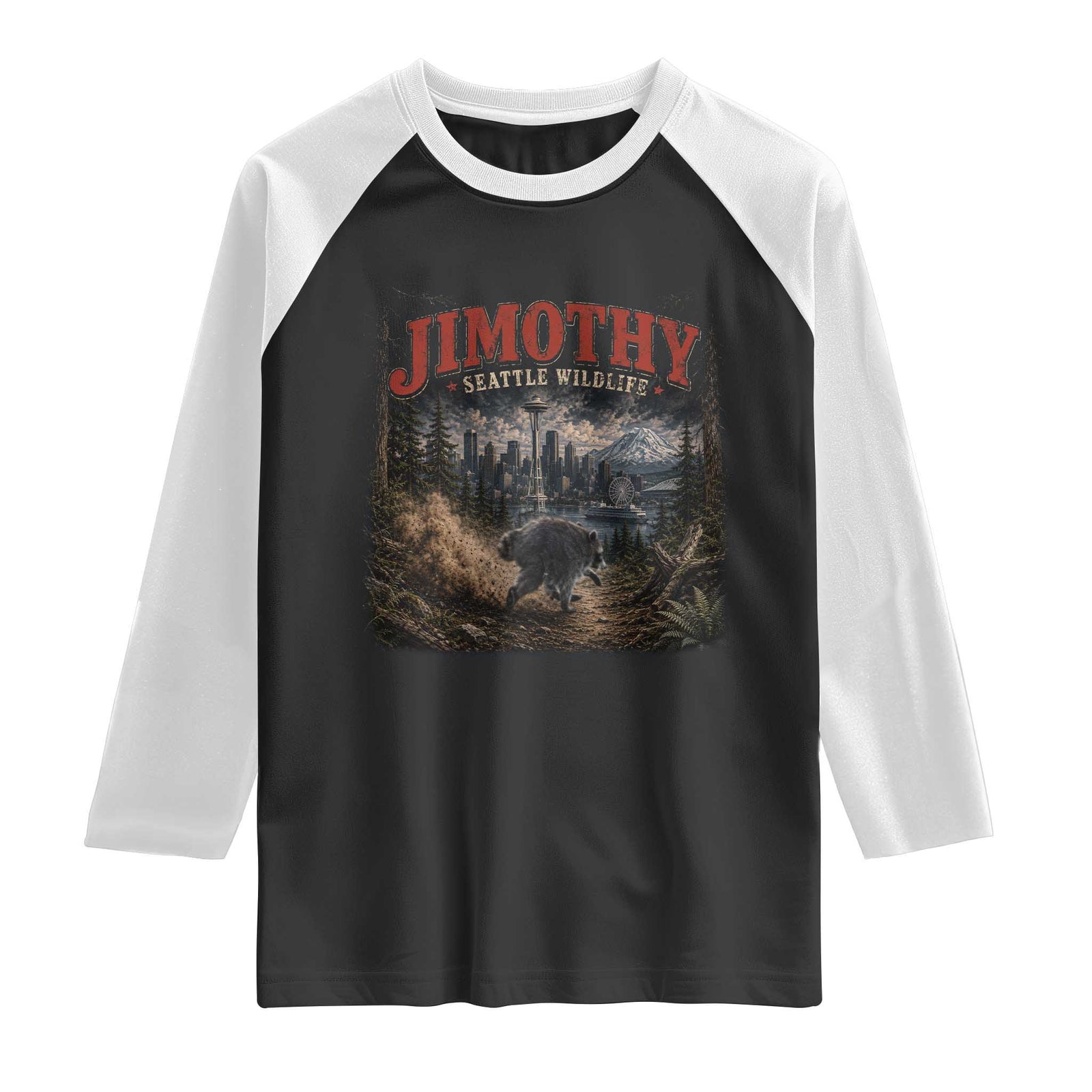 Vintage Jimothy Seattle Wildlife Raccoon Meme Raglan Shirt TS10 Black White Print Your Wear