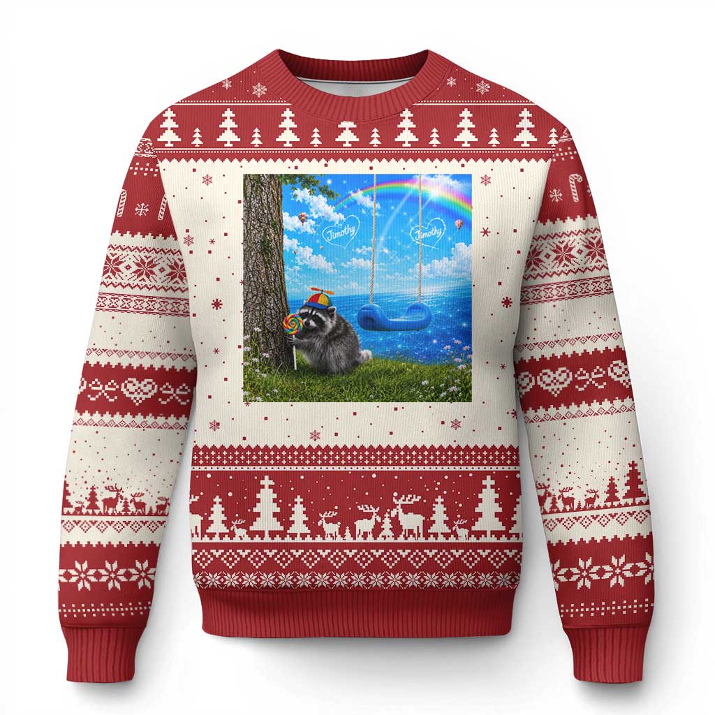 Jimothy Raccoon Dreamcore Ugly Christmas Sweater Seattle Trash Panda Gen Z Humor Rainbow Aesthetic TS10 Beige Red Print Your Wear