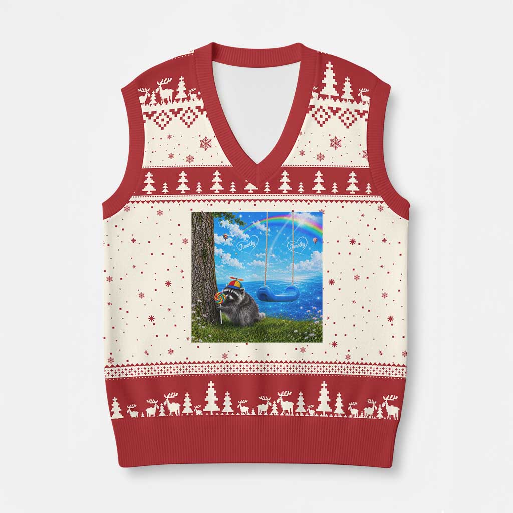 Jimothy Raccoon Dreamcore V-Neck Knit Sweater Vest Seattle Trash Panda Gen Z Humor Rainbow Aesthetic TS10 Beige Red Print Your Wear