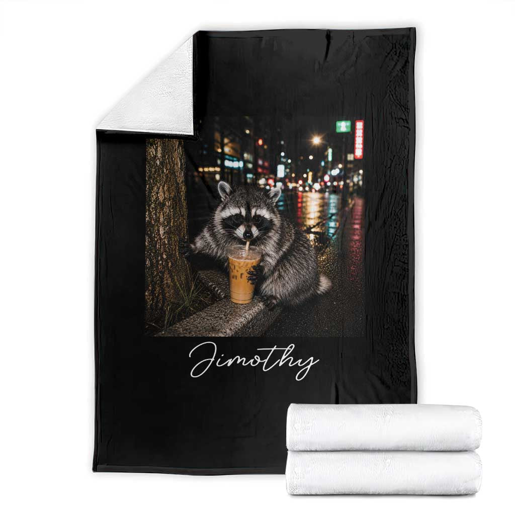 Jimothy Raccoon Drinking Iced Coffee Night City Aesthetic Throw Blanket TS10 Black Print Your Wear