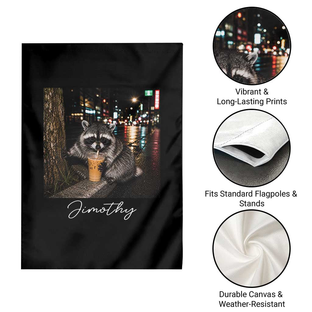 Jimothy Raccoon Drinking Iced Coffee Night City Aesthetic Garden Flag