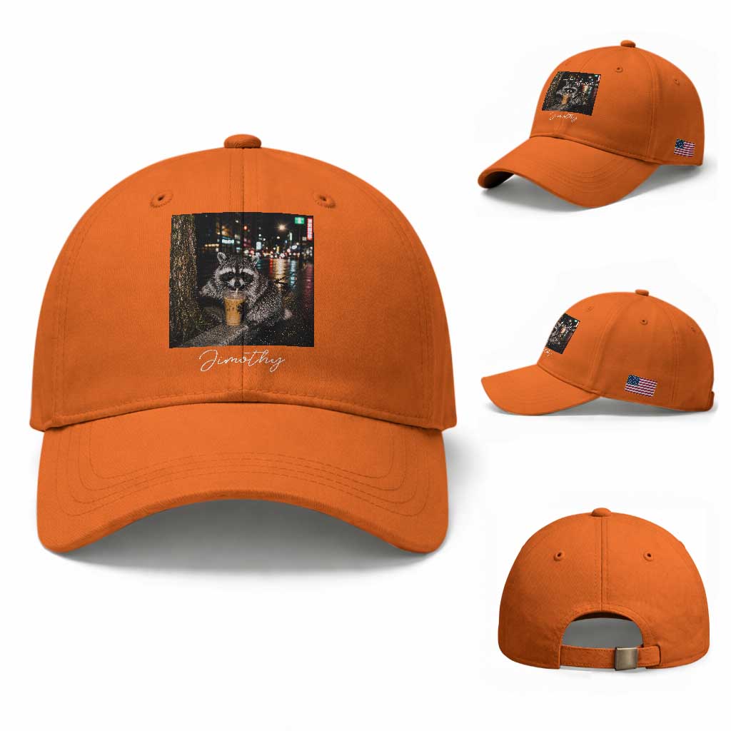 Jimothy Raccoon Drinking Iced Coffee Night City Aesthetic Baseball Cap