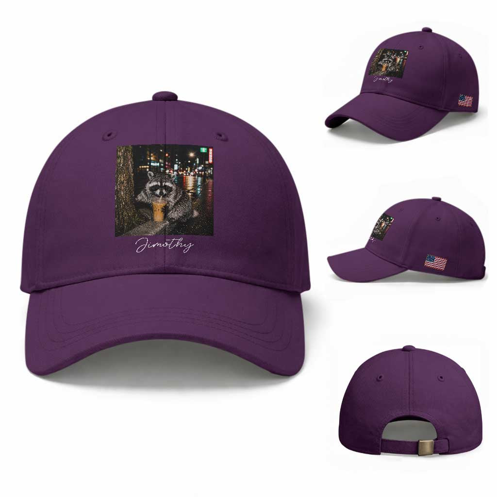 Jimothy Raccoon Drinking Iced Coffee Night City Aesthetic Baseball Cap