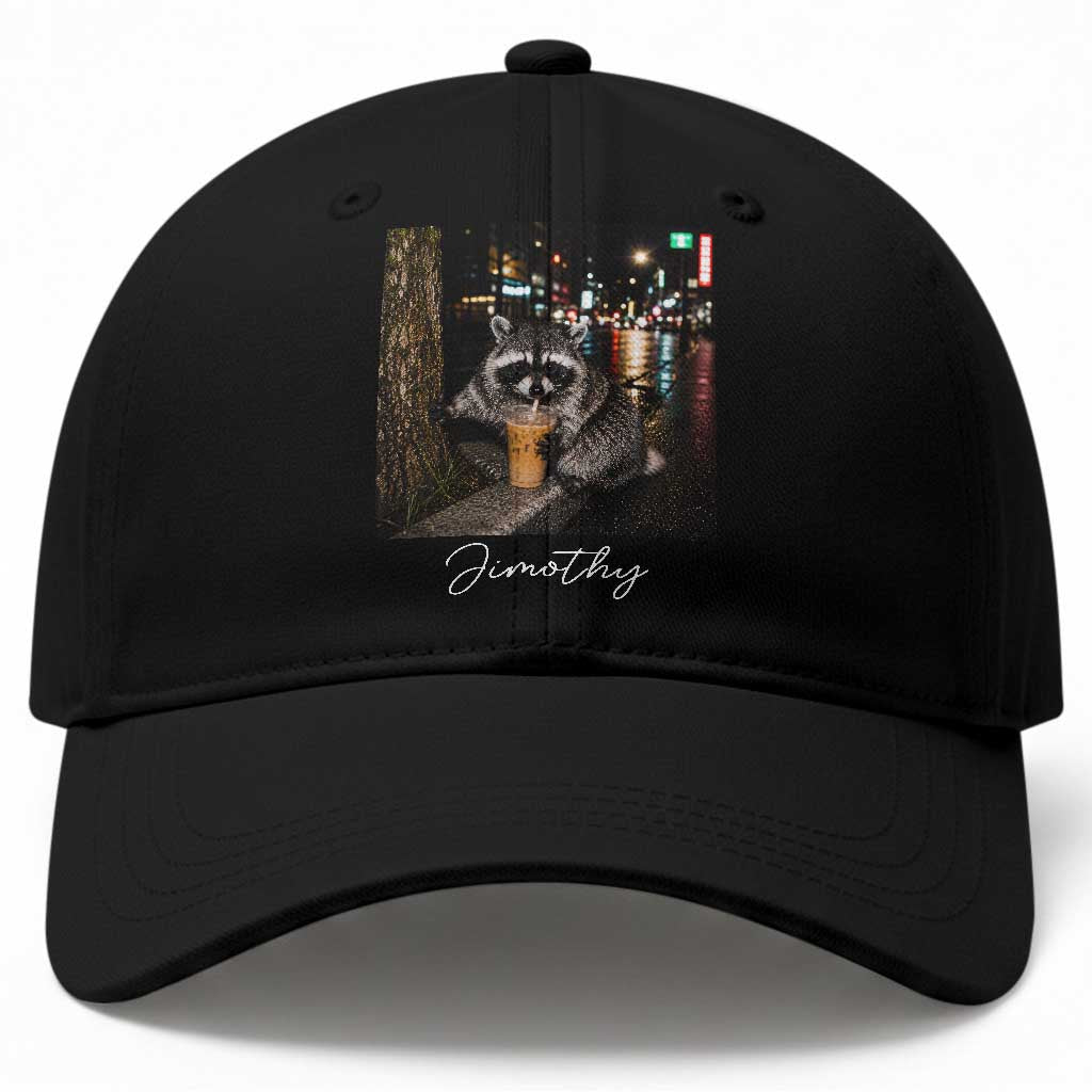 Jimothy Raccoon Drinking Iced Coffee Night City Aesthetic Baseball Cap TS10 Print Your Wear