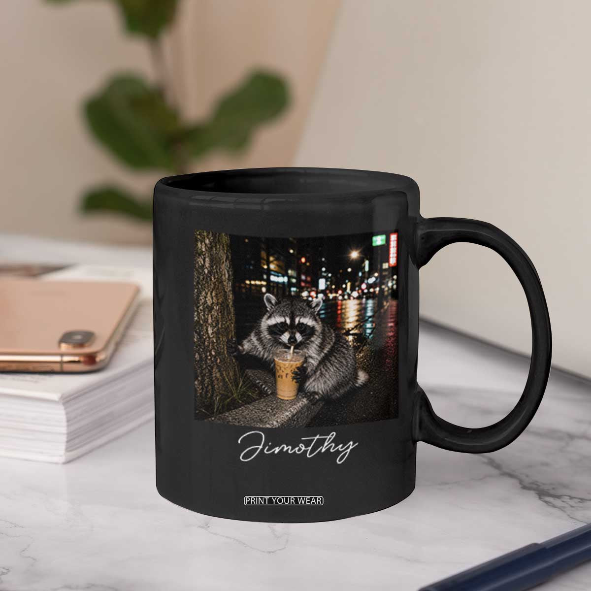Jimothy Raccoon Drinking Iced Coffee Night City Aesthetic Coffee Mug