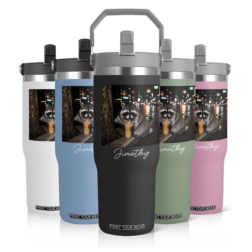 Jimothy Raccoon Drinking Iced Coffee Night City Aesthetic Flip Straw Tumbler