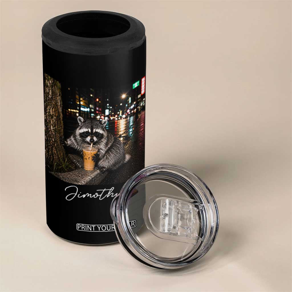 Jimothy Raccoon Drinking Iced Coffee Night City Aesthetic 4 in 1 Can Cooler Tumbler