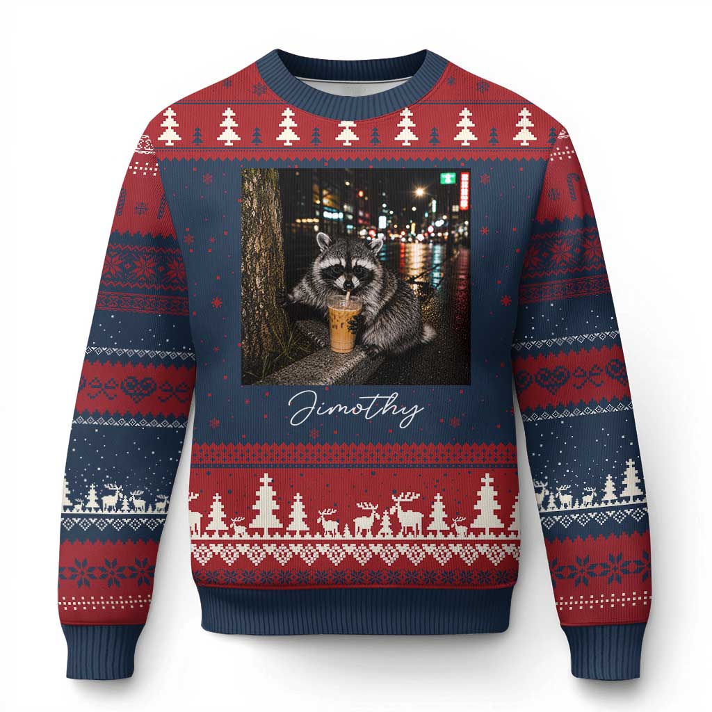 Jimothy Raccoon Drinking Iced Coffee Night City Aesthetic Ugly Christmas Sweater TS10 Navy Red Print Your Wear