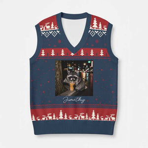 Jimothy Raccoon Drinking Iced Coffee Night City Aesthetic V-Neck Knit Sweater Vest