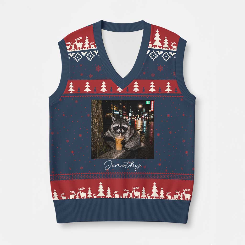 Jimothy Raccoon Drinking Iced Coffee Night City Aesthetic V-Neck Knit Sweater Vest TS10 Navy Red Print Your Wear