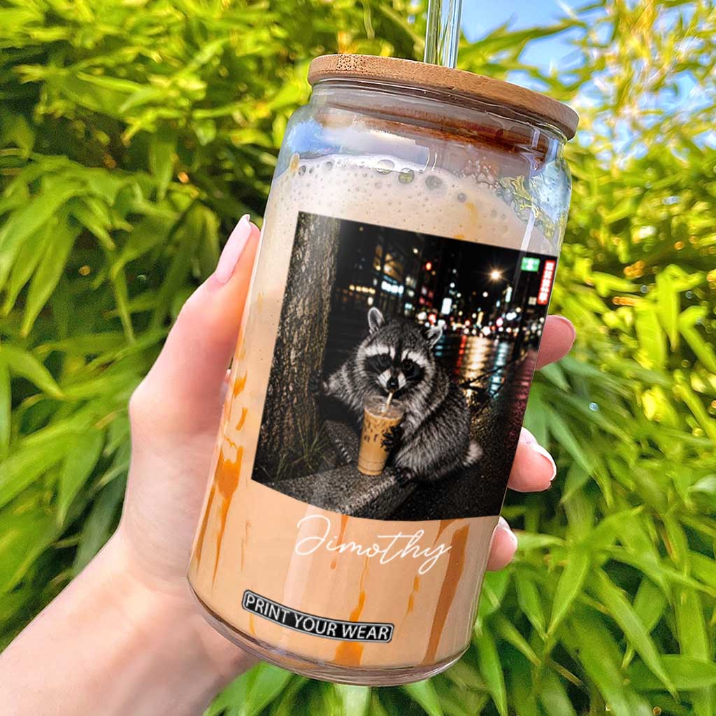 Jimothy Raccoon Drinking Iced Coffee Night City Aesthetic Glass Can TS10 Black Print Your Wear