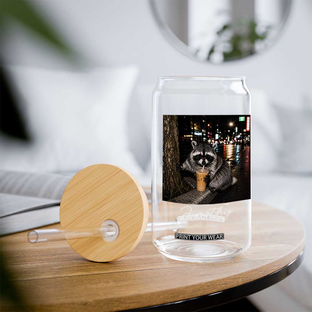 Jimothy Raccoon Drinking Iced Coffee Night City Aesthetic Glass Can